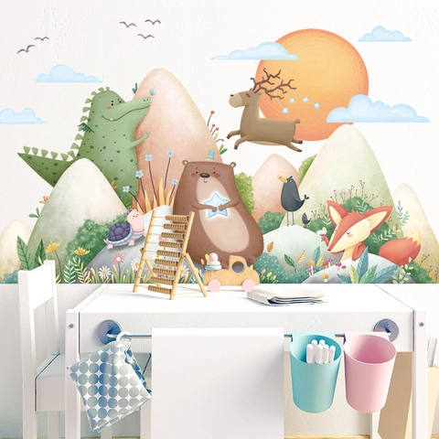 Adesivi Murali Animali Foresta Cartone Animato PVC Montagna Luna Renna Orso Volpe DIY Decalcomanie per Cameretta Bambini Asilo Camera Letto