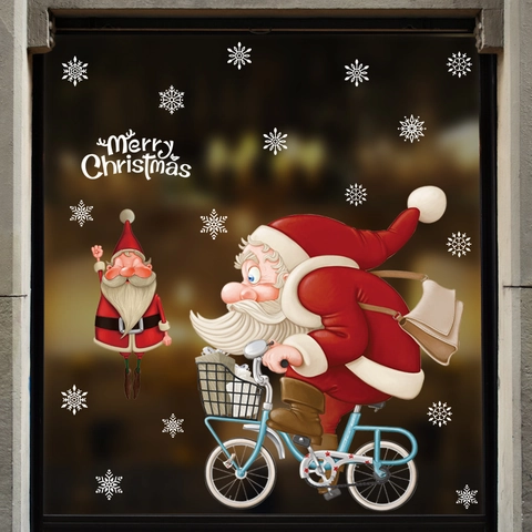 Adesivi per Finestre Natalizi Babbo Natale in Bicicletta Fiocchi di Neve Decalcomanie Merry Christmas PVC Impermeabile Decorazione