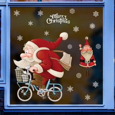 Adesivi per Finestre Natalizi Babbo Natale in Bicicletta Fiocchi di Neve Decalcomanie Merry Christmas PVC Impermeabile Decorazione