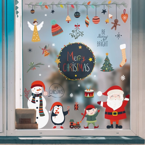 Pegatinas de Ventana de Navidad Feliz Navidad Papá Noel Muñeco de Nieve Pingüino Calcomanías Removibles PVC Decoración Escaparate