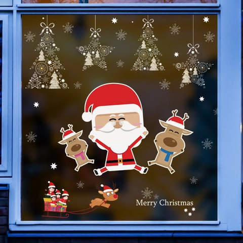 Weihnachtsfensteraufkleber Cartoon Weihnachtsmann Rentier Schneeflockenmuster PVC Statische Aufkleber Für Urlaubsglasdekor