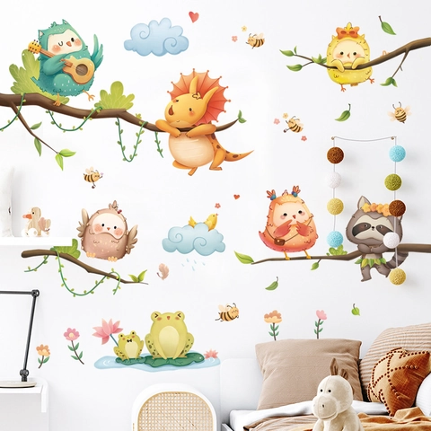 Cartoon Dinosaurier Tier Wandtattoo Aquarell Eule Waschbär Wandaufkleber Für Kinderzimmer Kindergarten Schule Deko
