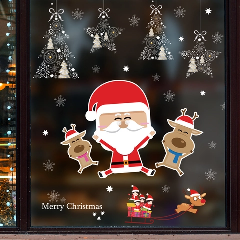 Weihnachtsfensteraufkleber Cartoon Weihnachtsmann Rentier Schneeflockenmuster PVC Statische Aufkleber Für Urlaubsglasdekor
