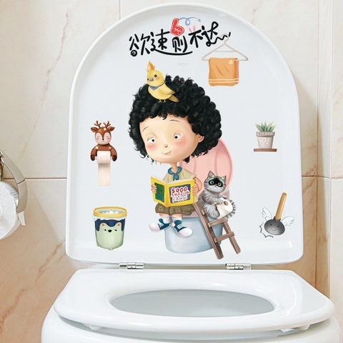 Divertido Niño de Dibujos Animados Leyendo Libro PVC Pegatina de Tapa de Inodoro Impermeable Removible Decoración de Baño Mural