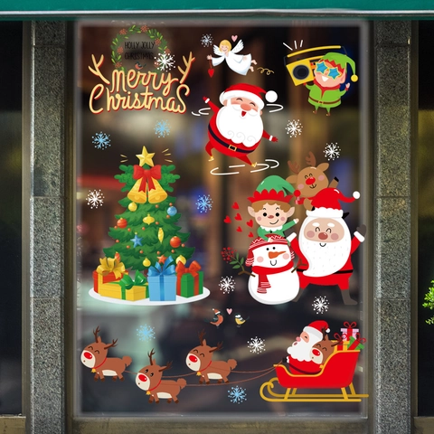 Pegatinas Estáticas de Navidad para Ventanas Papá Noel Reno Muñeco de Nieve Y Copos de Nieve Para Decoración Hogar