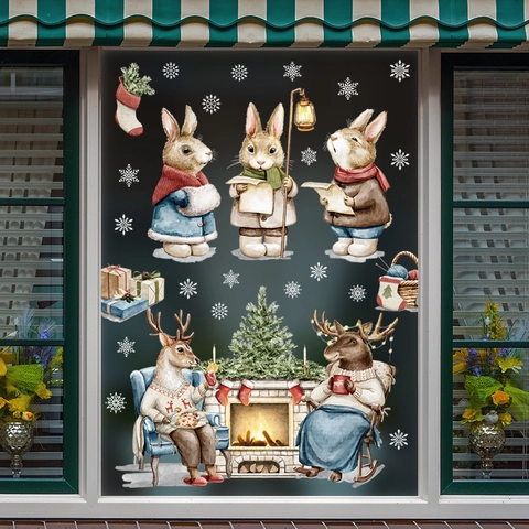 Pegatinas de Ventana de Navidad Conejo Reno de Dibujos Animados Calcomanías de Pared de PVC Para Decoración Navideña Invierno