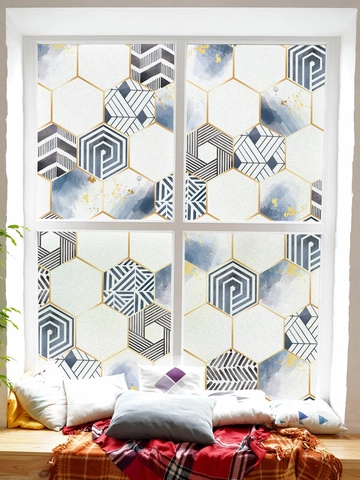 Nordisch Geometrische Sechseck Fenster Sichtschutzfolie Vergoldet Blau Aquarell Muster Statische Haftung Matte PVC Glas Deko Folie