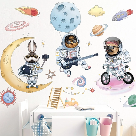 Cartoon Space Astronaut Animal Wall Stickers PVC Removable Decals For Kids Room Nursery Decor Planets Rocket Bear Bunny Dog