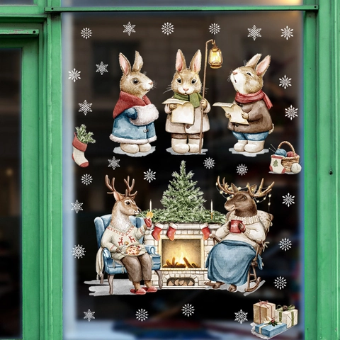 Pegatinas de Ventana de Navidad Conejo Reno de Dibujos Animados Calcomanías de Pared de PVC Para Decoración Navideña Invierno