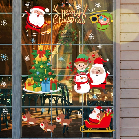 Pegatinas Estáticas de Navidad para Ventanas Papá Noel Reno Muñeco de Nieve Y Copos de Nieve Para Decoración Hogar
