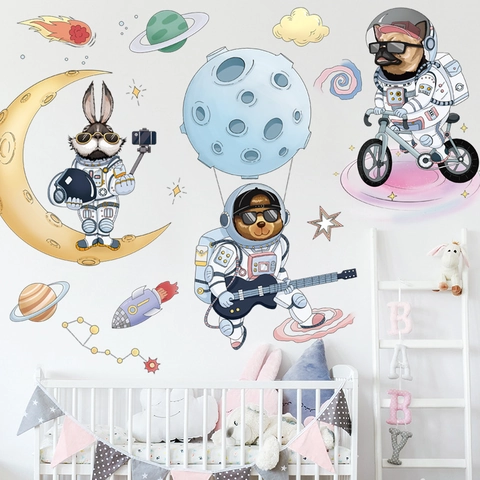 Cartoon Space Astronaut Animal Wall Stickers PVC Removable Decals For Kids Room Nursery Decor Planets Rocket Bear Bunny Dog