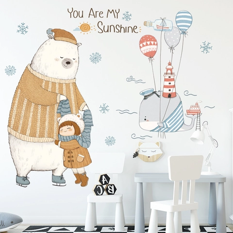 Cartoon Bear Whale Balloon Wall Stickers You Are My Sunshine Removable PVC Decals For Kids Room Kindergarten Nursery Decor