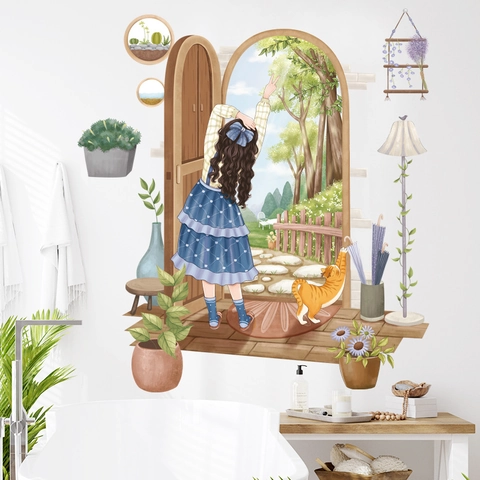 Pastoral Mädchen Garten Landschaft Wandsticker PVC Wasserdicht Fensterblick Aufkleber Für Schlafzimmer Wohnzimmer DIY Home Dekor