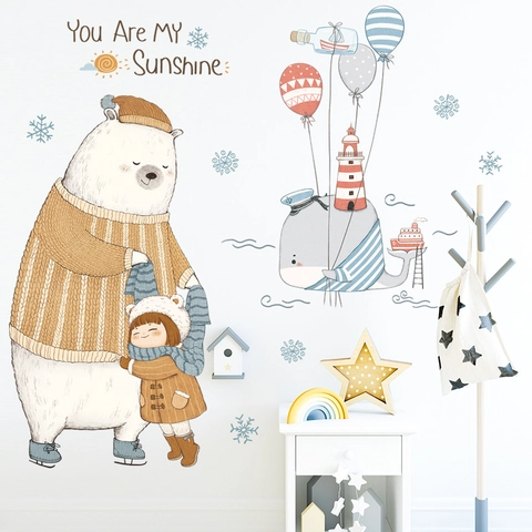 Cartoon Bear Whale Balloon Wall Stickers You Are My Sunshine Removable PVC Decals For Kids Room Kindergarten Nursery Decor