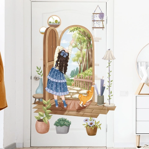 Pastoral Mädchen Garten Landschaft Wandsticker PVC Wasserdicht Fensterblick Aufkleber Für Schlafzimmer Wohnzimmer DIY Home Dekor