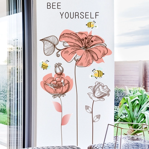 Modern Minimalist Flower And Bee PVC Wall Stickers Waterproof Bee Yourself Quote Wall Decals For Bedroom Living Room Decor