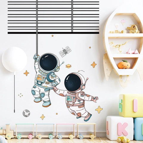 Cartoon Astronaut Ruimteverkenning Muurstickers Voor Kinderkamer Slaapkamer PVC Waterdicht DIY Verwijderbare Galaxy Ster Planeet Muursticker