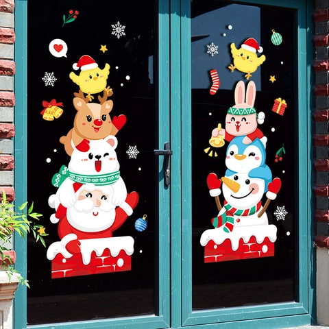 Pegatinas Estáticas para Ventanas de Papá Noel y Muñeco de Nieve Impresión a Doble Cara Calcomanías de Vidrio Navideñas