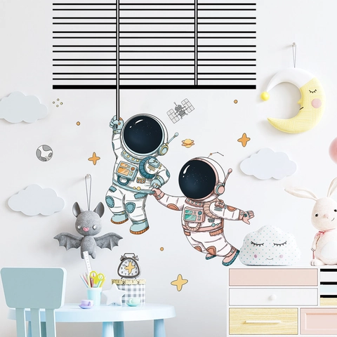 Cartoon Astronaut Ruimteverkenning Muurstickers Voor Kinderkamer Slaapkamer PVC Waterdicht DIY Verwijderbare Galaxy Ster Planeet Muursticker