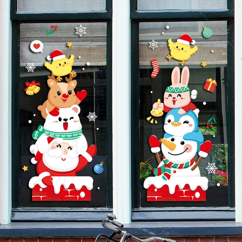 Pegatinas Estáticas para Ventanas de Papá Noel y Muñeco de Nieve Impresión a Doble Cara Calcomanías de Vidrio Navideñas