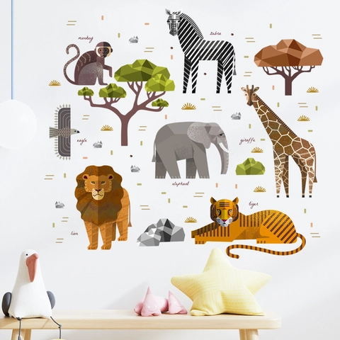 Adesivi Murali Animali Selvatici Africa Low Poly Geometrici Moderni Decalcomanie Cartoon PVC Removibili per Camera Bambini Asilo