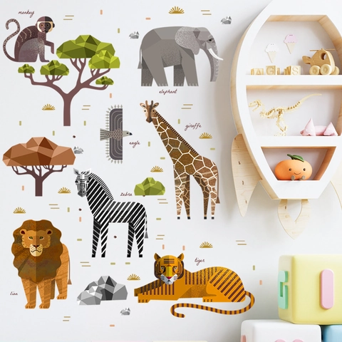 Adesivi Murali Animali Selvatici Africa Low Poly Geometrici Moderni Decalcomanie Cartoon PVC Removibili per Camera Bambini Asilo
