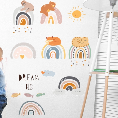 Boho Tier Regenbogen Wandaufkleber PVC Faultier Bär Fuchs Katze Sonne Sterne Dream Big Decals Für Kinderzimmer Haus Deko
