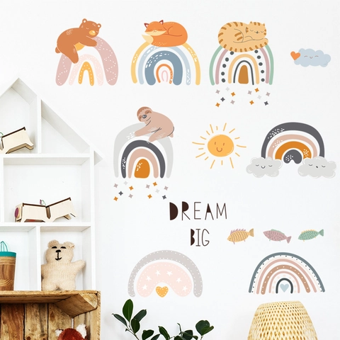 Boho Tier Regenbogen Wandaufkleber PVC Faultier Bär Fuchs Katze Sonne Sterne Dream Big Decals Für Kinderzimmer Haus Deko