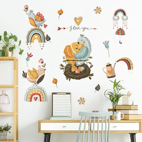Pegatinas De Pared De PVC Removibles De Pájaros Y Arco Iris DIY Calcomanías Autoadhesivas Para Habitación De Niños Patrón I Love You