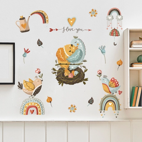 Pegatinas De Pared De PVC Removibles De Pájaros Y Arco Iris DIY Calcomanías Autoadhesivas Para Habitación De Niños Patrón I Love You