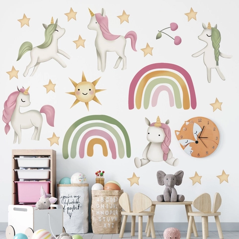 Aquarell Regenbogen Einhorn Wandaufkleber Für Kinderzimmer DIY Abnehmbare Stern Sonne Wandtattoos Für Kindergarten Klassenzimmer