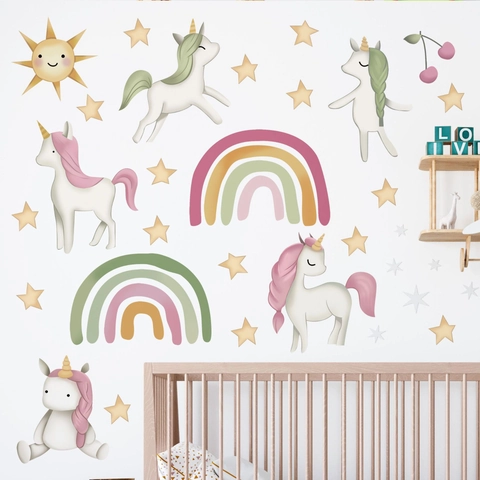 Aquarell Regenbogen Einhorn Wandaufkleber Für Kinderzimmer DIY Abnehmbare Stern Sonne Wandtattoos Für Kindergarten Klassenzimmer