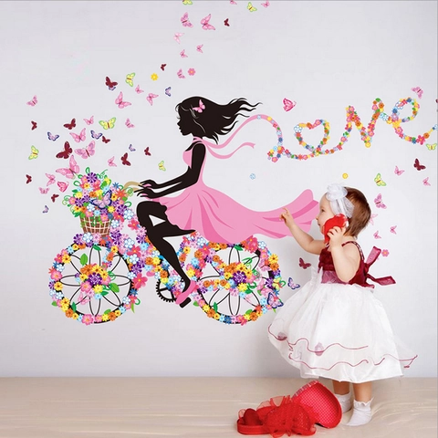 Flower Fairy Butterfly Bicycle Wall Sticker Removable PVC Self Adhesive Art Decal For Bedroom Living Room Home Decor