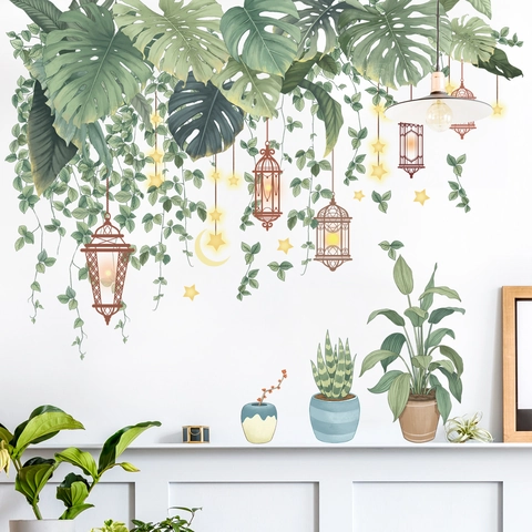 Pegatina de Pared de PVC de Hojas de Monstera Tropical y Linternas Removible Impermeable Decoración Botánica DIY para Dormitorio Sala