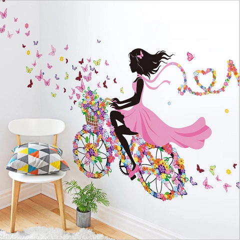Bloemenfee Vlinder Fiets Muursticker Verwijderbare PVC Zelfklevende Kunststicker Voor Slaapkamer Woonkamer Huisdecoratie