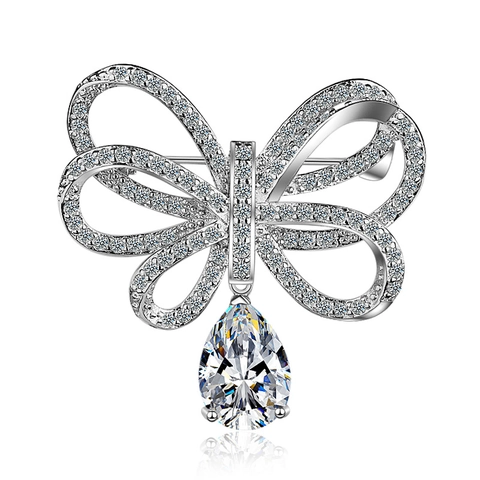Elegant Butterfly Bowknot Brooch For Women Copper White Gold Plated Clear Zirconia Water Drop Pendant Pin Wedding Jewelry