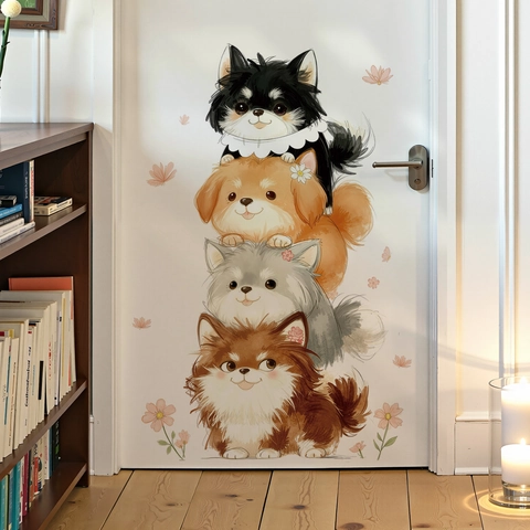 Cartoon Hond Stapel Muursticker Schattige Pomeriaan Toren Waterdicht PVC Decal Voor Kinderkamer Decoratie Verwijderbare Kunst Sticker