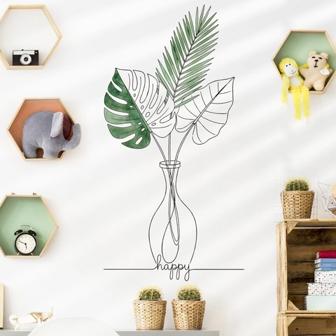 Pegatina de Pared Minimalista Arte de Línea Jarrón Hoja de Monstera Palma Texto Happy Impermeable PVC Calcomanía Decorativa para Sala