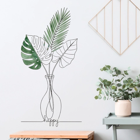 Pegatina de Pared Minimalista Arte de Línea Jarrón Hoja de Monstera Palma Texto Happy Impermeable PVC Calcomanía Decorativa para Sala