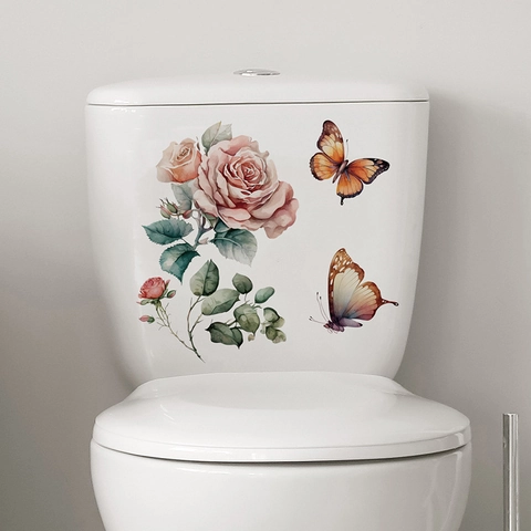 Adesivo per Coperchio del WC con Rose e Farfalle ad Acquerello Decalcomania in PVC Impermeabile per Bagno Adesivo Murale Floreale