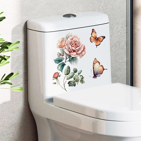 Adesivo per Coperchio del WC con Rose e Farfalle ad Acquerello Decalcomania in PVC Impermeabile per Bagno Adesivo Murale Floreale