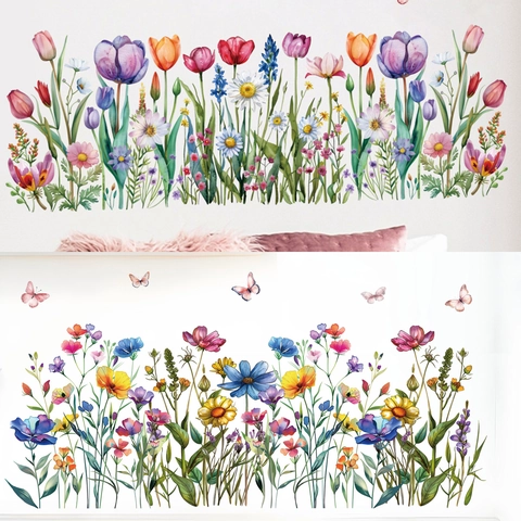 Aquarel Botanische Bloem Vlinder Muursticker PVC Waterdicht Plintsticker Voor Woonkamer Slaapkamer Huisdecoratie