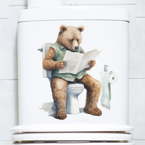 Divertida Pegatina para Tapa de Inodoro Oso de Dibujos Animados Leyendo Periódico PVC Impermeable Removible Decoración Creativa de Baño