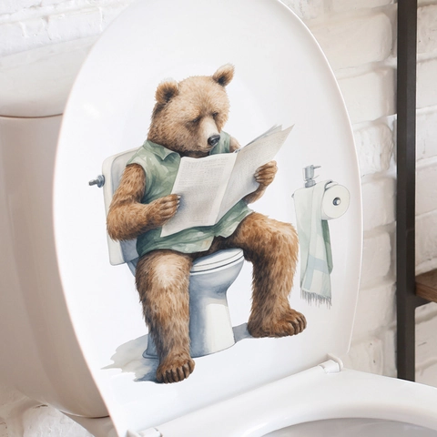 Divertida Pegatina para Tapa de Inodoro Oso de Dibujos Animados Leyendo Periódico PVC Impermeable Removible Decoración Creativa de Baño