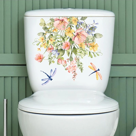 Aquarel Bloem Libel PVC Toiletsticker Waterdicht Verwijderbaar Badkamer Glas Muursticker Thuis Decor Bloemen Muurschildering