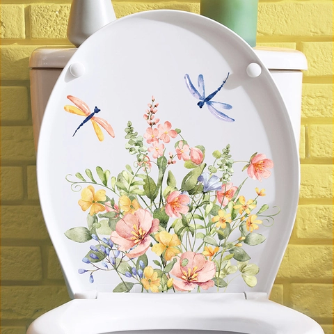 Aquarel Bloem Libel PVC Toiletsticker Waterdicht Verwijderbaar Badkamer Glas Muursticker Thuis Decor Bloemen Muurschildering