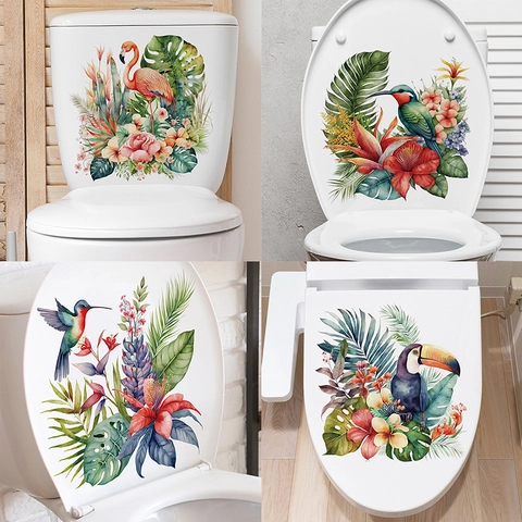 Autocollant de Toilettes Oiseau Tropical et Plante Aquarelle PVC Imperméable Flamant Rose Toucan Décoration de Salle de Bain