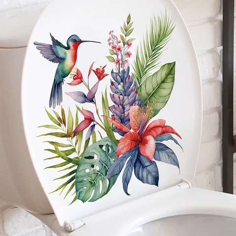 Autocollant de Toilettes Oiseau Tropical et Plante Aquarelle PVC Imperméable Flamant Rose Toucan Décoration de Salle de Bain