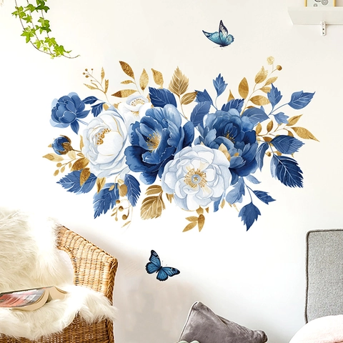 Blau Weiße Blumen Wandaufkleber Mit Goldenen Blättern Schmetterling Abnehmbar Wasserdicht PVC Pfingstrose Floral Kunst Deko