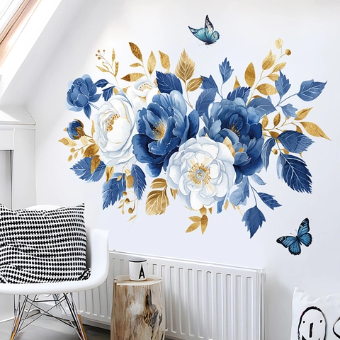 Blau Weiße Blumen Wandaufkleber Mit Goldenen Blättern Schmetterling Abnehmbar Wasserdicht PVC Pfingstrose Floral Kunst Deko